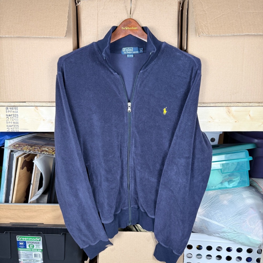 Polo Ralph Lauren Mens Navy Blue Terry Cloth Full Zip Jacket Size L